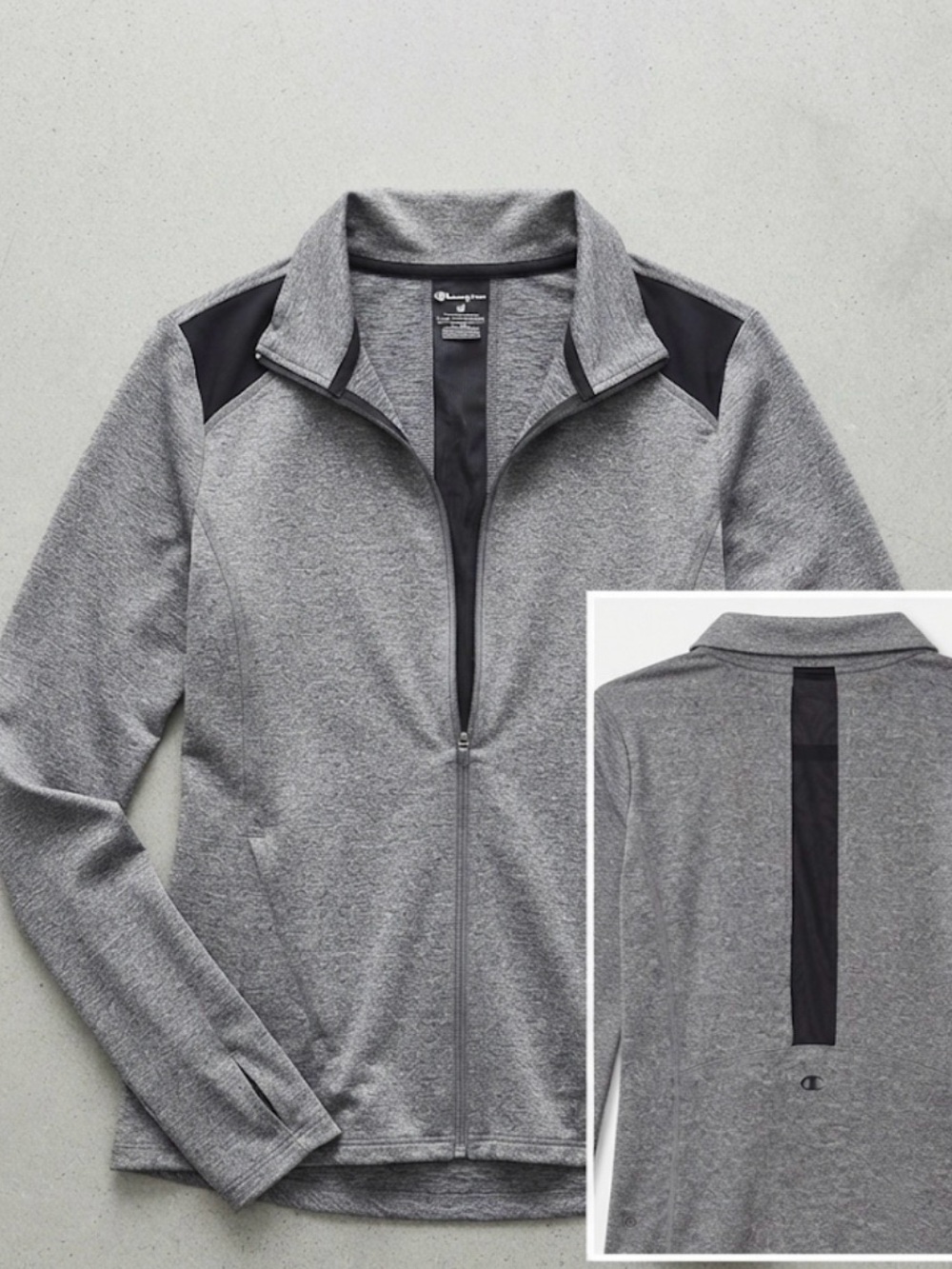Champion Gray Full-Zip Jacket with Black Mesh Accents and thumb holes